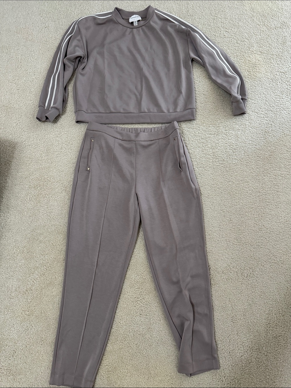 Women's Taupe Stripe-Trim Track Set - Joggers & Pullover